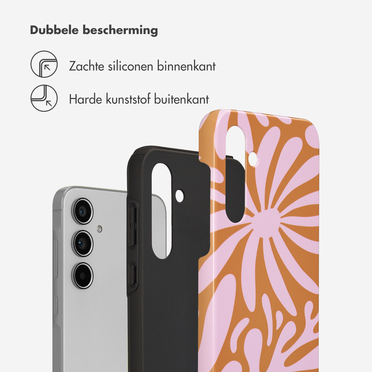 Telefoonhoesje met een zwart interieur en een fel oranje exterieur met een retro bloemenontwerp.