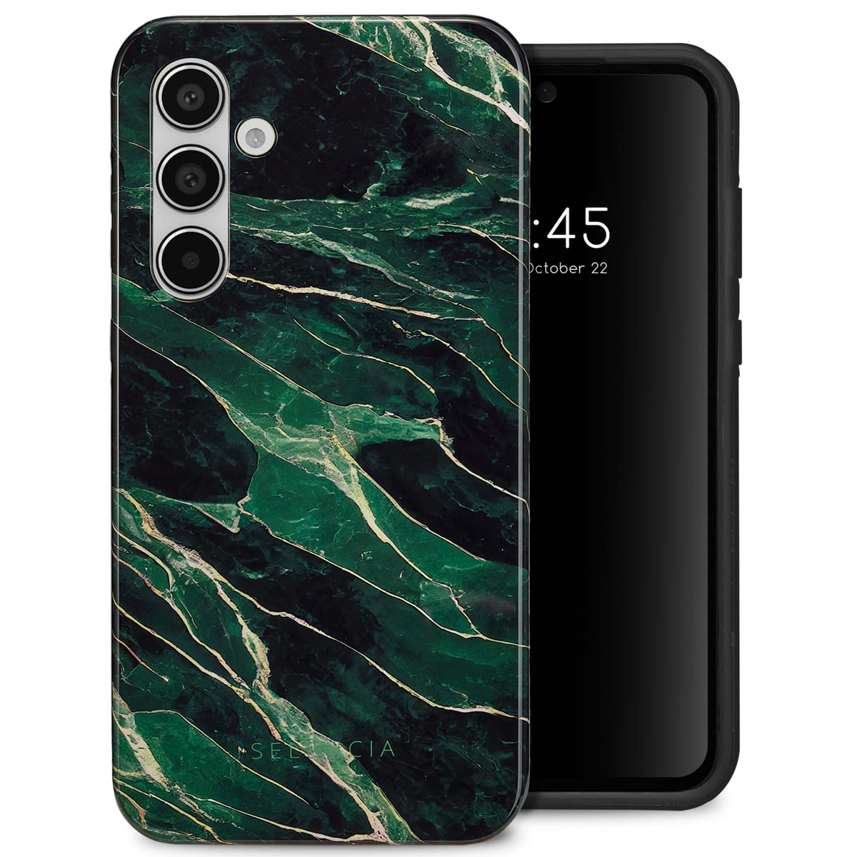 Groene marmeren hoes op een zwarte telefoon. De hoes heeft een donkergroen marmerpatroon met gouden aders.