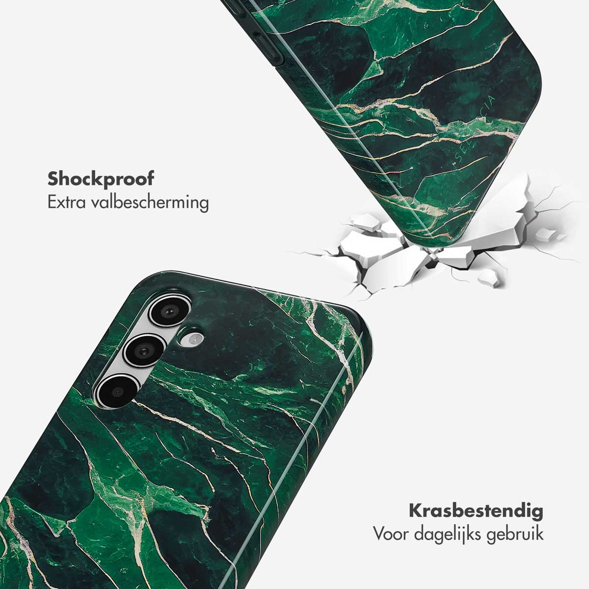 Groene marmeren telefoonhoes. De hoes wordt laten vallen.