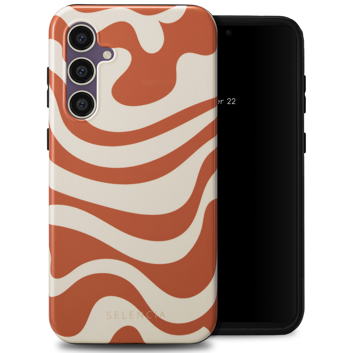 Telefoonhoesje met een oranje en wit golfpatroon, naast een zwarte telefoon met een zwart scherm.