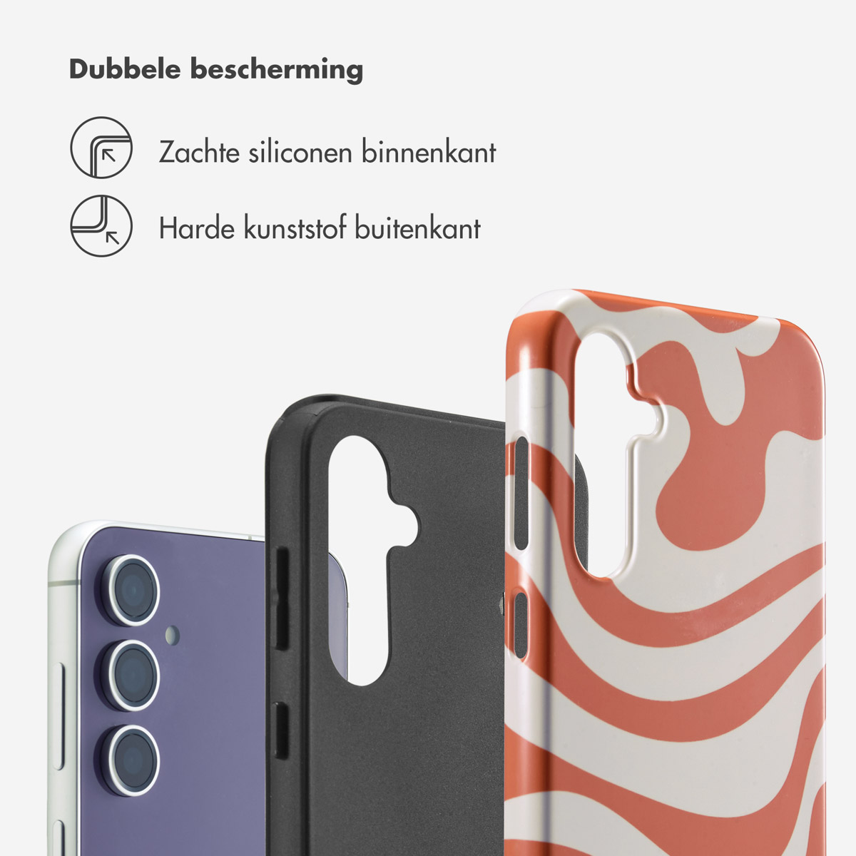 Telefoonhoesjes met verschillende patronen, waaronder een paarse telefoon en een zwarte hoes.