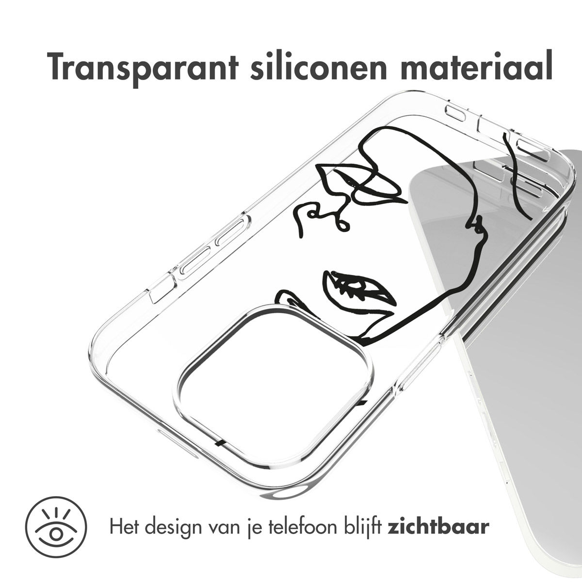 Custodia trasparente con design a volto in linea nera. Il telefono a destra.