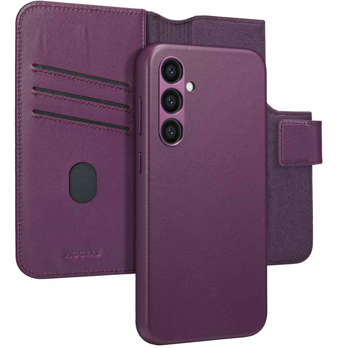 Lila Handyhülle mit Portemonnaie-Funktion. Ein Telefon befindet sich in der Hülle.