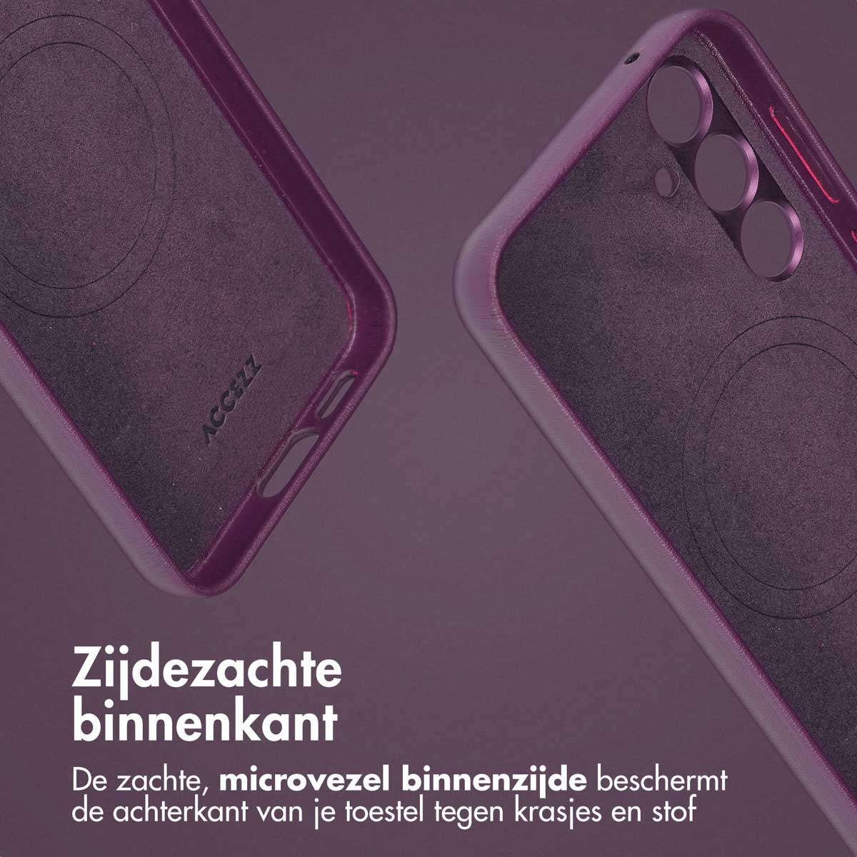 Deux coques de téléphone violet foncé. Le texte dit « Intérieur soyeux » et « L'intérieur en microfibre douce protège l'arrière ».