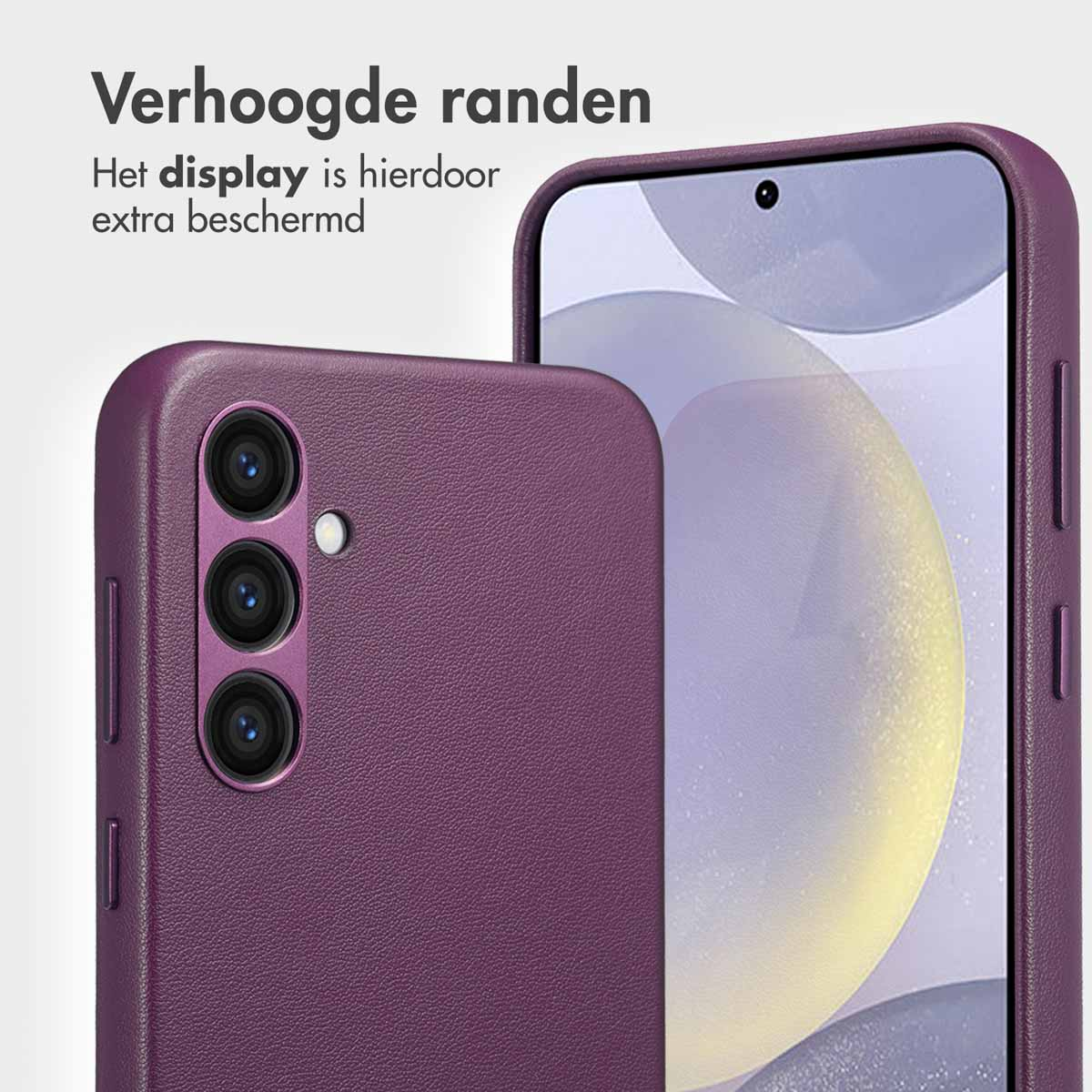 Une coque de téléphone violette avec un téléphone à l'intérieur. Texte : L'écran est protégé en plus.