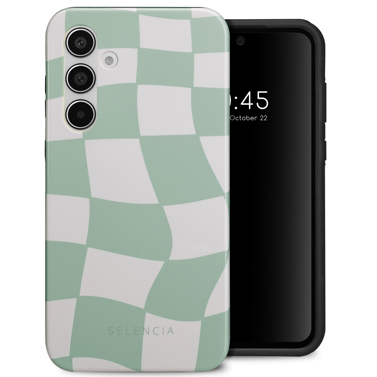 Telefoonhoesje met een dambordpatroon. De telefoon is zichtbaar in de hoes.