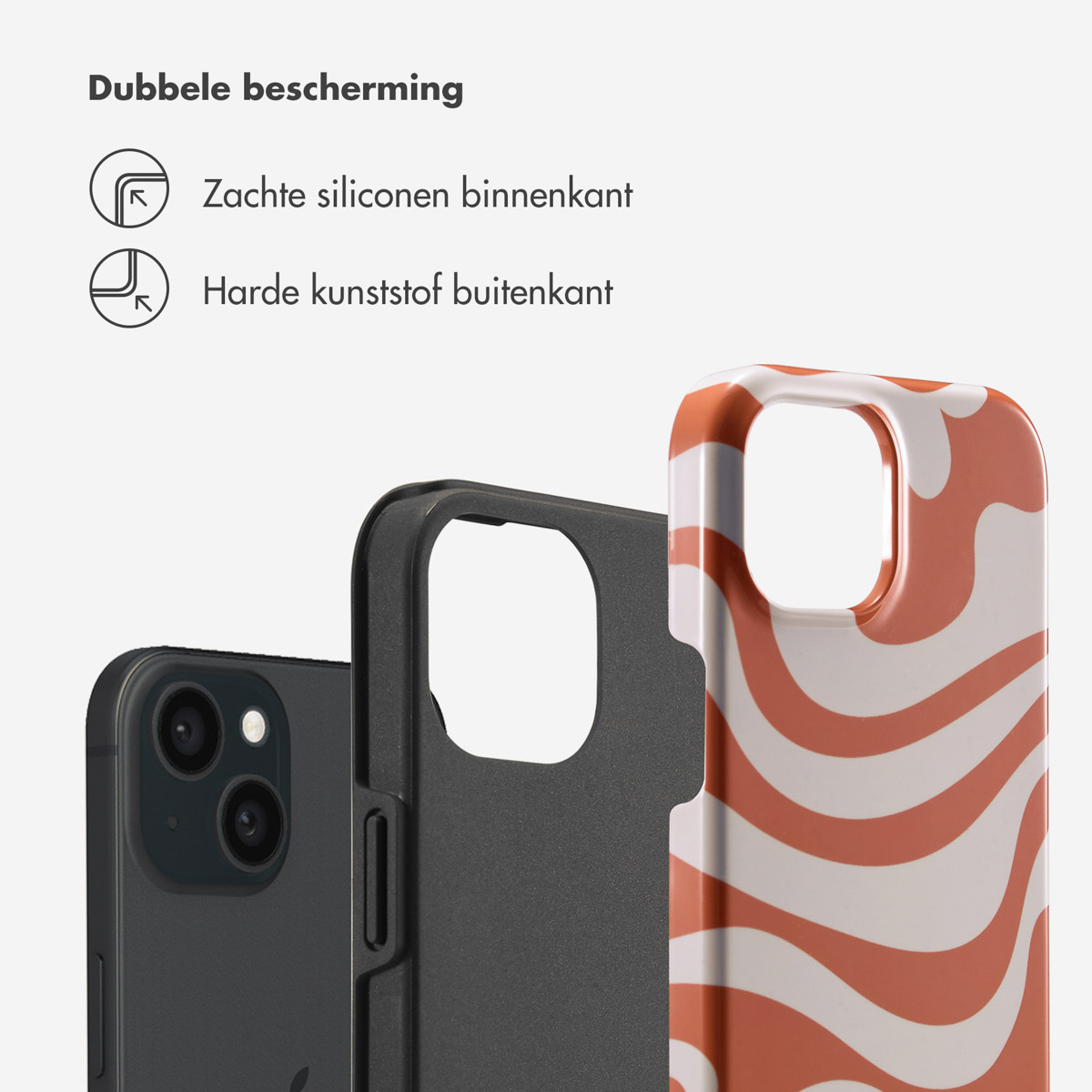 Coque de téléphone avec un design de vagues orange et blanc. Gros plan montrant les couches souples et dures.