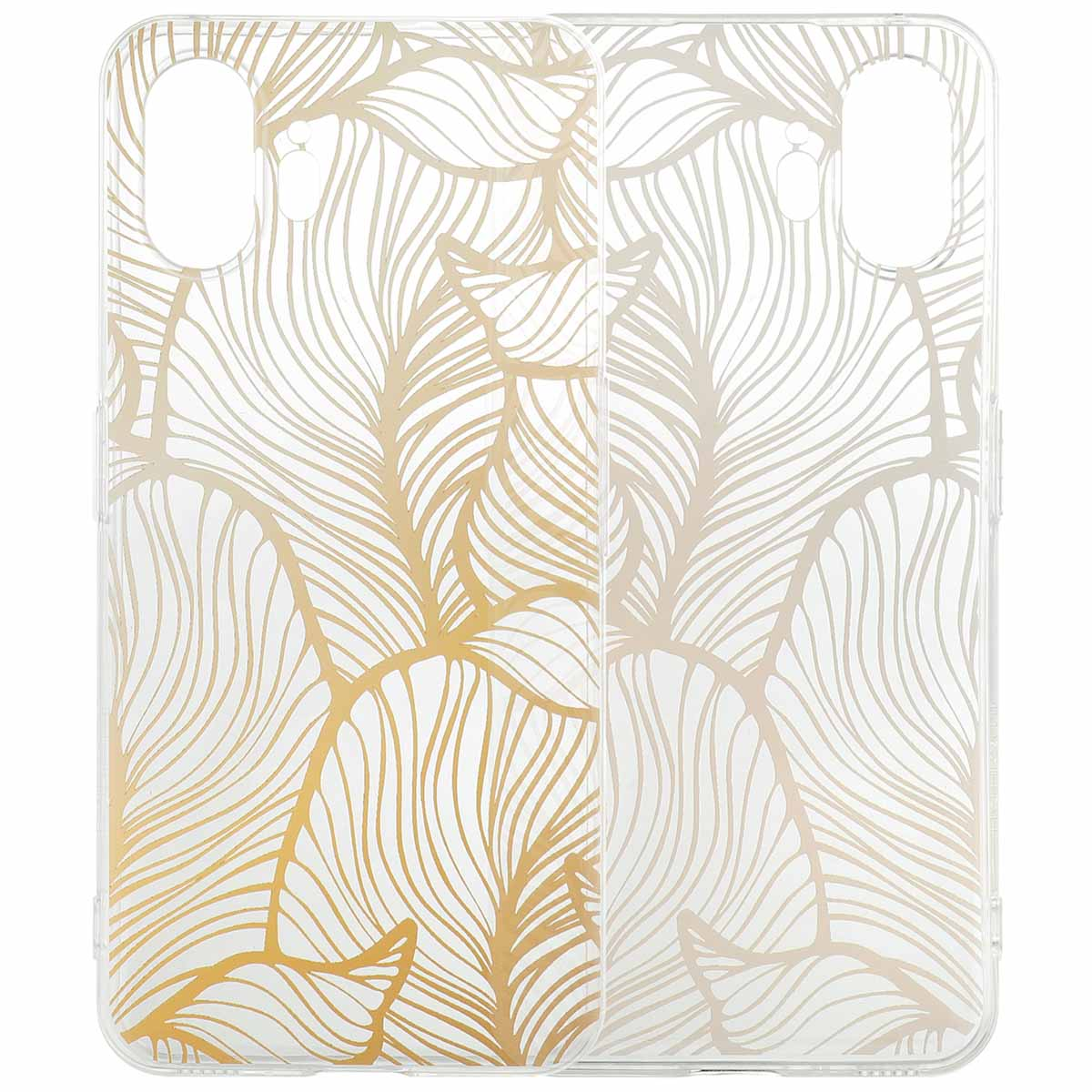 Twee doorzichtige telefoonhoesjes met gouden bladeren. Het ontwerp is zichtbaar.