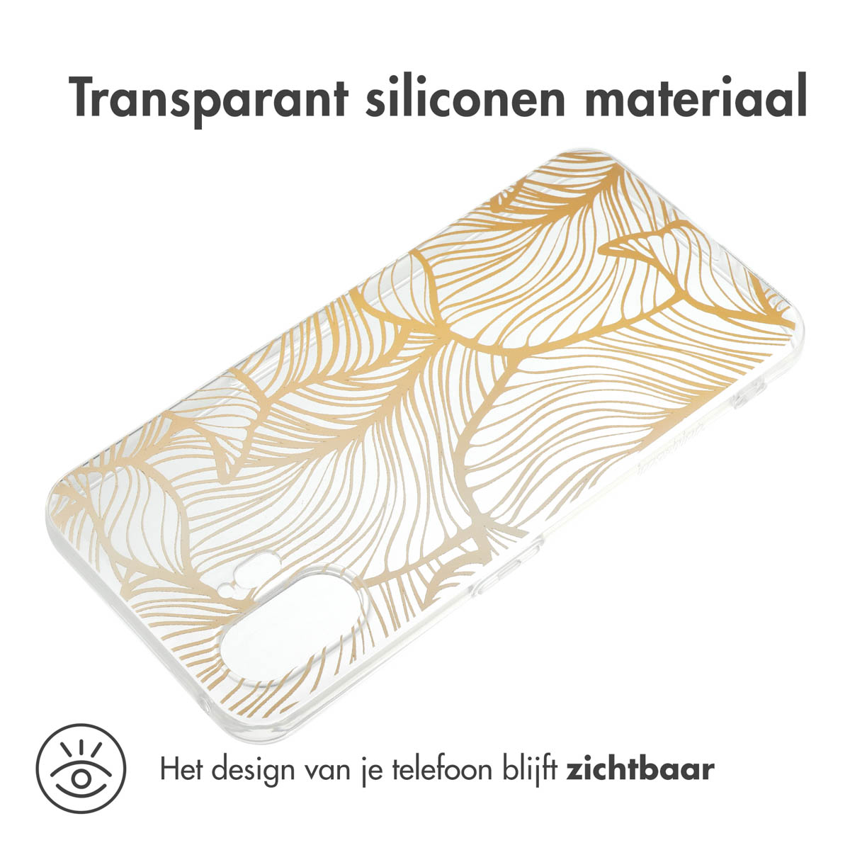 Transparante telefoonhoes met een gouden bladontwerp op een telefoon.