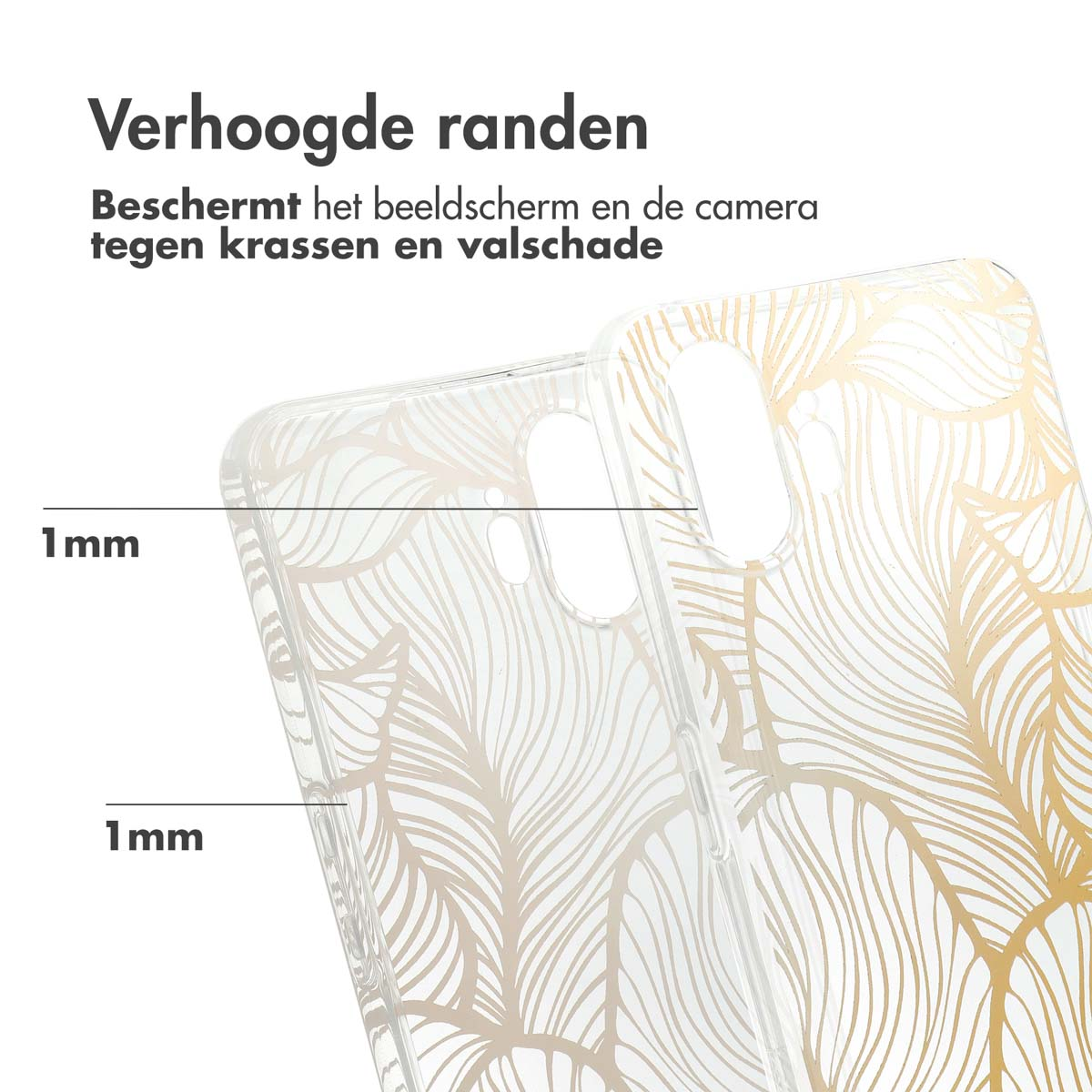 Transparante telefoonhoes met een bladgoud patroon en 1 mm bescherming rond de randen.
