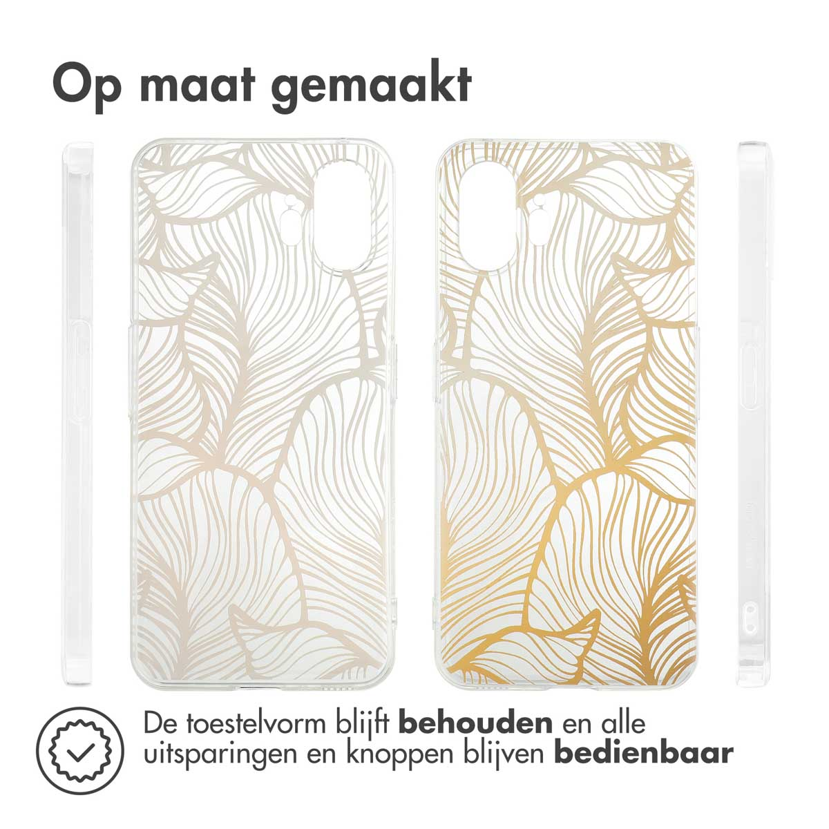 Een telefoonhoesje met een goudbladdesign. Een telefoon in het midden.