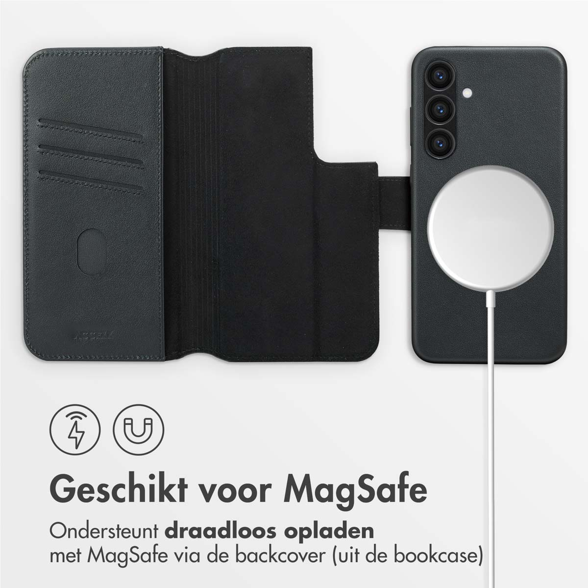 Zwarte telefoon met een magnetisch oplaadpad. De hoes is zwart en open.