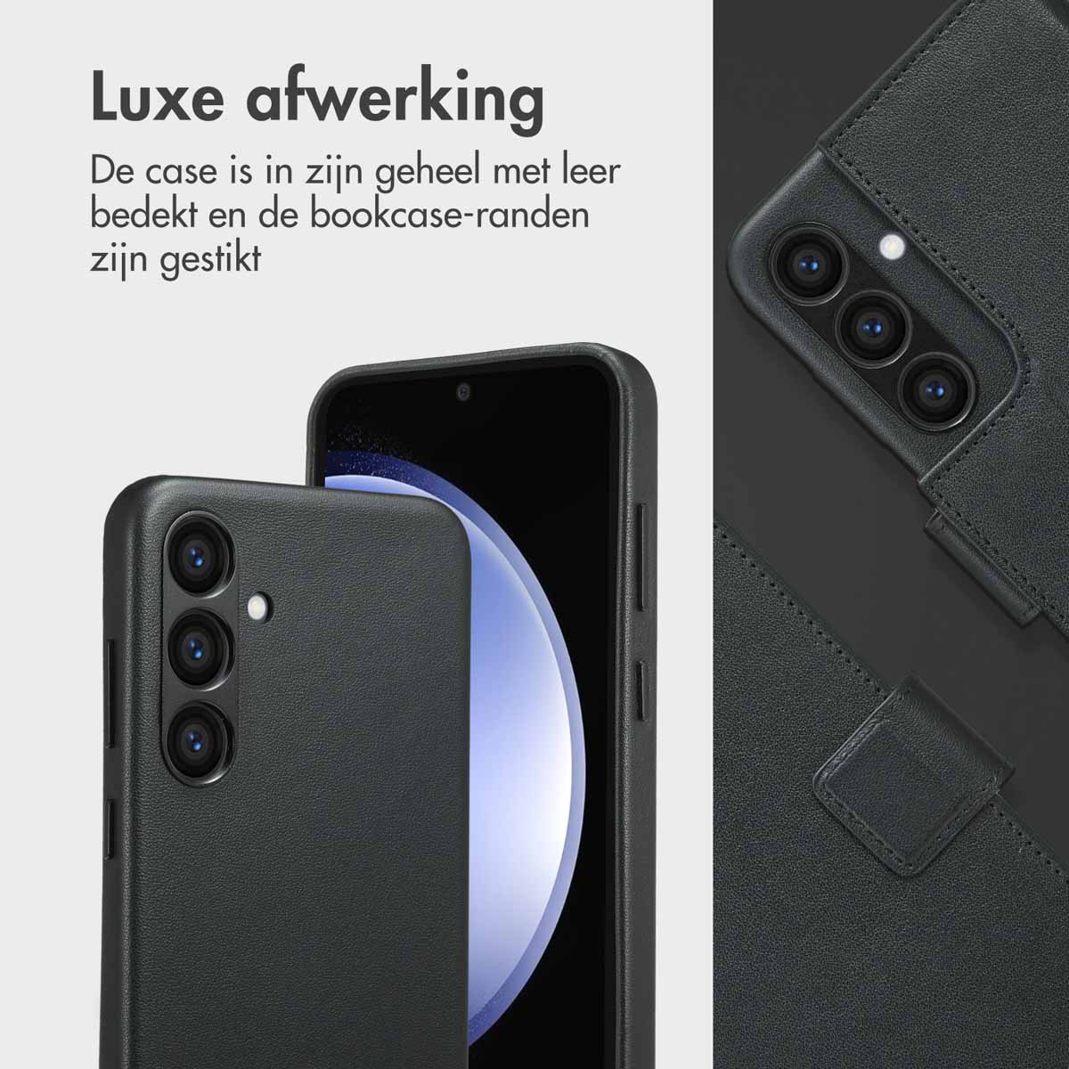 Zwarte telefoonhoesjes. Eén open en één dicht met een telefoon. Tekst: De case is van leer en gestikt.