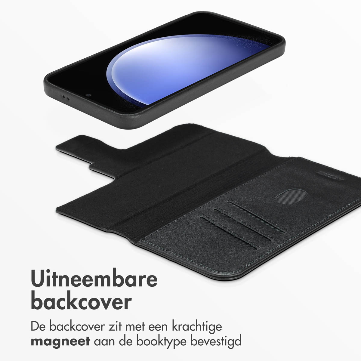 Zwarte telefoonhoes met portemonnee-ontwerp. De hoes is open. De telefoon zit erin.