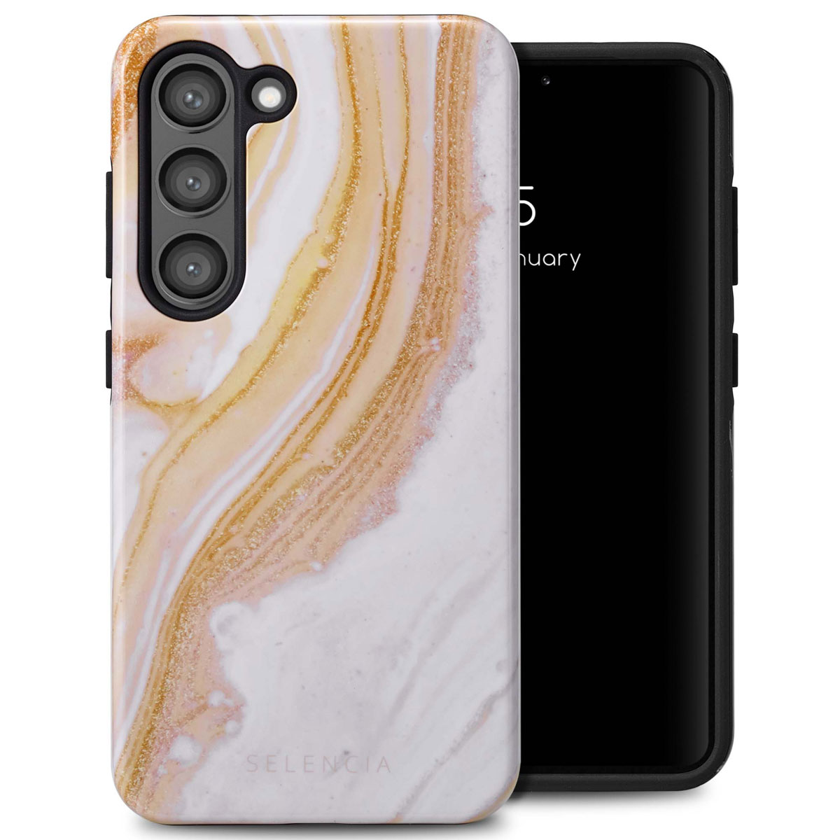 Coque de téléphone avec un motif marbré et un téléphone à l'intérieur. La coque a un fond blanc avec des stries dorées.