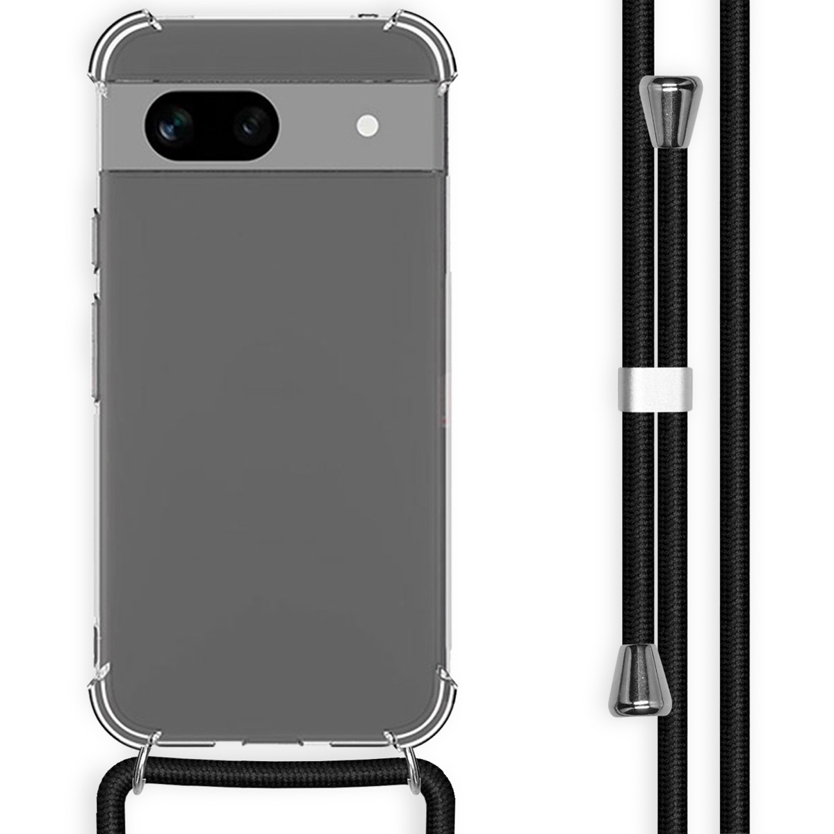 Transparente Handyhülle mit schwarzem Lanyard. Telefon ist sichtbar. Silberne Hardware.