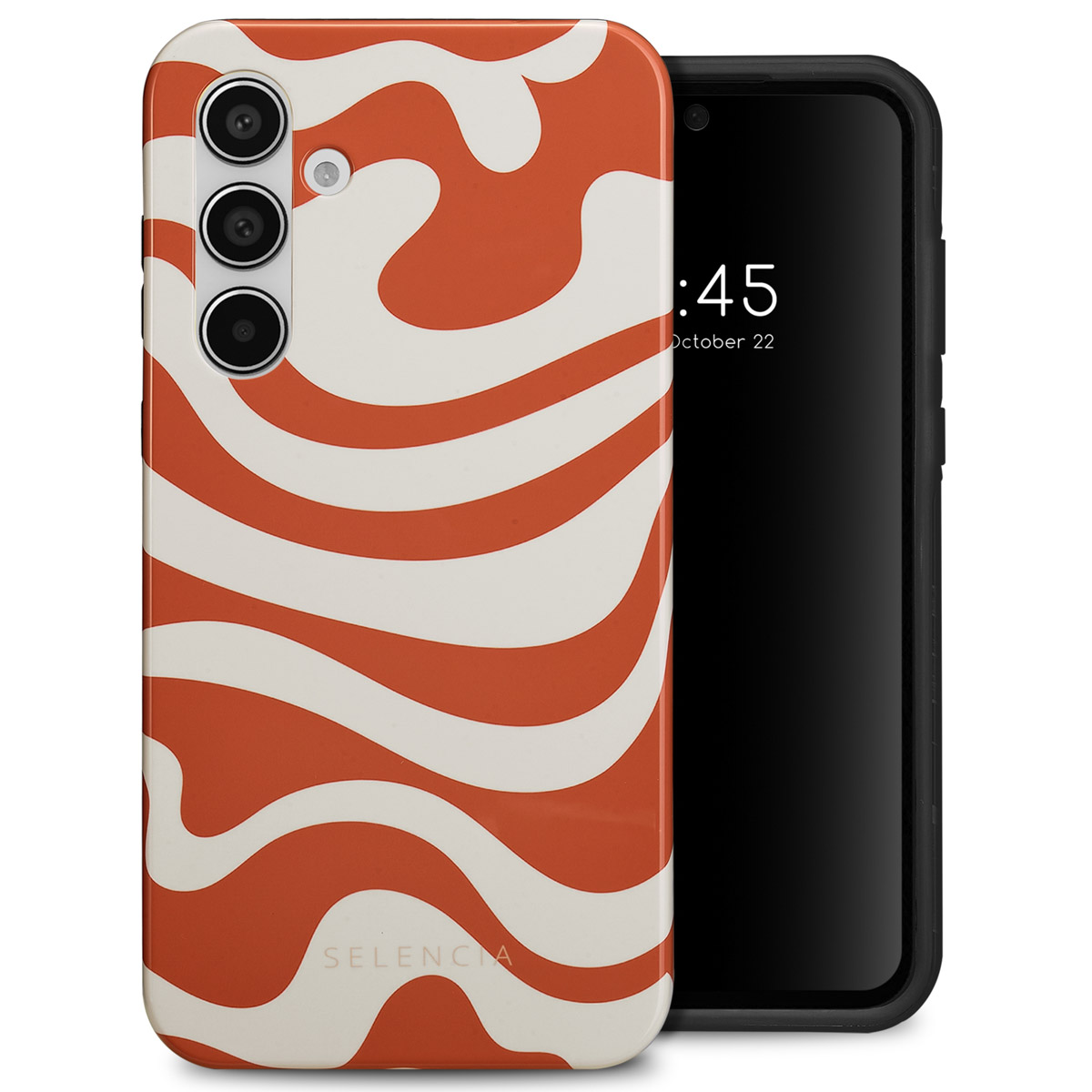 Oranje en witte wervel design telefoonhoes, zwarte telefoon binnenin. De telefoon toont de tijd en datum op het scherm.