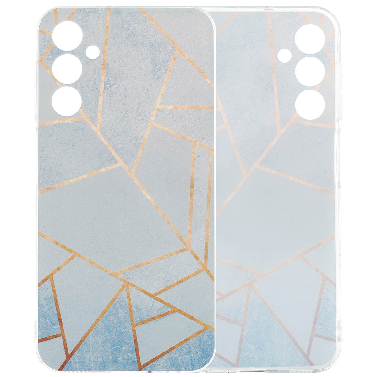 Deux coques de téléphone, une avec un motif géométrique bleu et or, l'autre transparente.