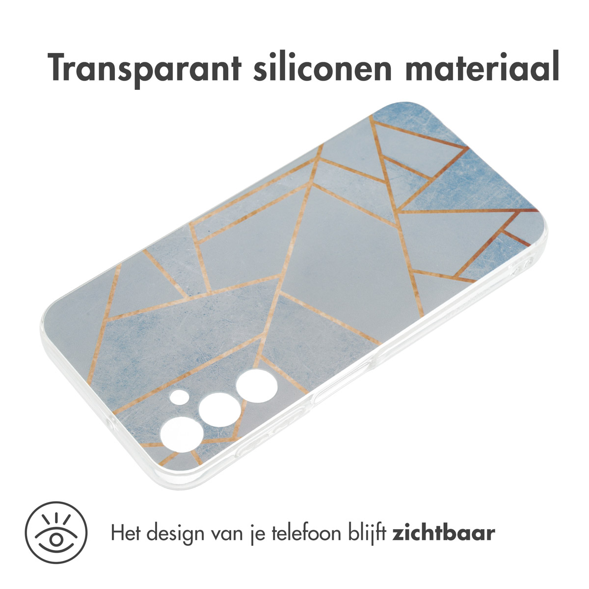 Coque de téléphone transparente avec motif géométrique bleu. Design du téléphone visible. Fond blanc.