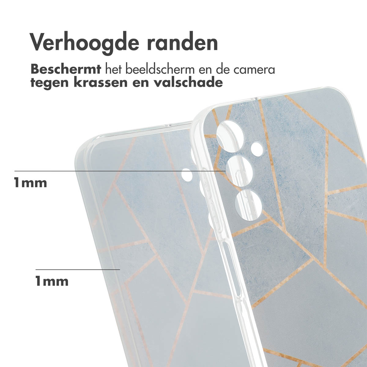 Coque avec un design géométrique bleu et or, montrant la protection des bords. Bords surélevés de 1mm.
