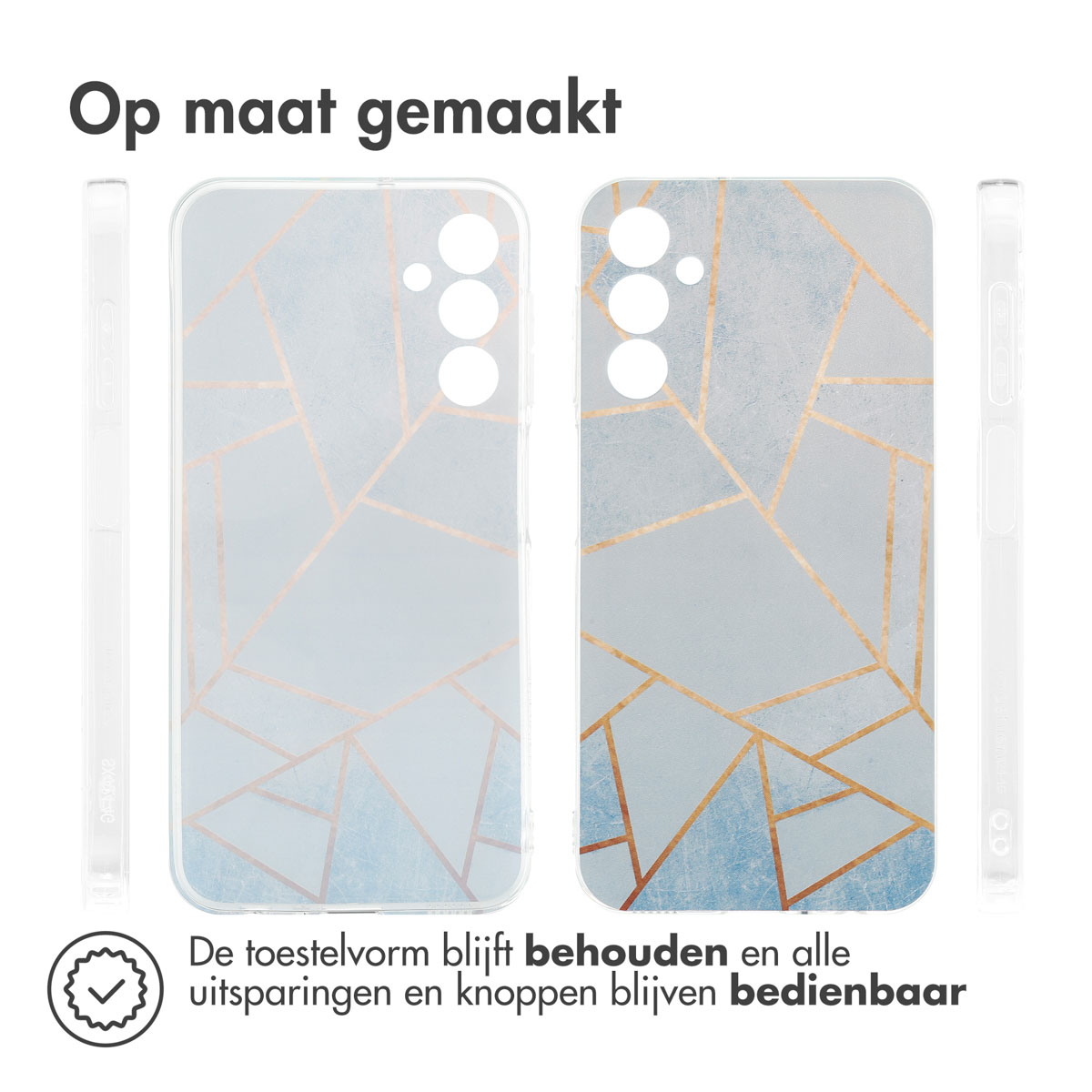 Coques de téléphone, vues de face et de côté, motif bleu et or.