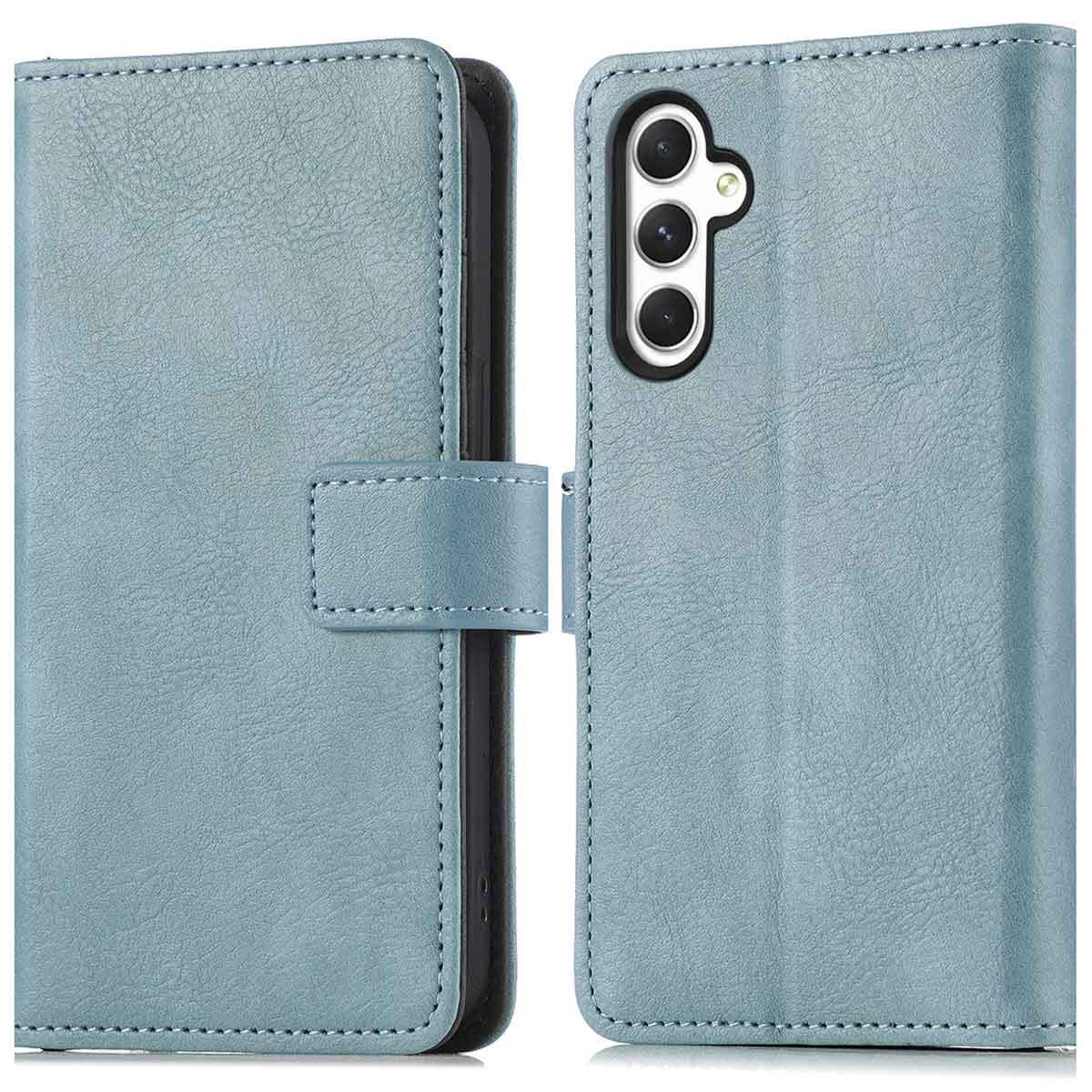 Téléphone dans un étui bleu de type portefeuille. L'étui est fermé, montrant l'avant.