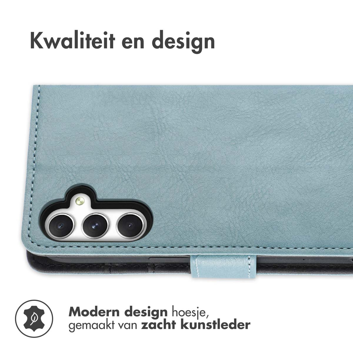 Un étui de téléphone bleu avec un téléphone. Texte : Design moderne, en similicuir souple.