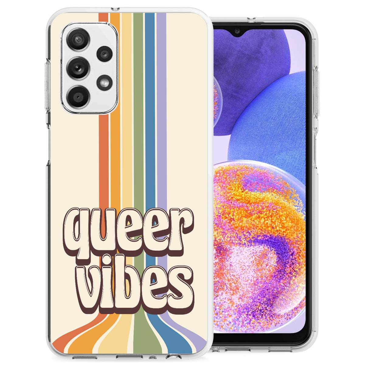Coque de téléphone avec texte 'queer vibes' et un design à rayures arc-en-ciel. Le téléphone est dedans.