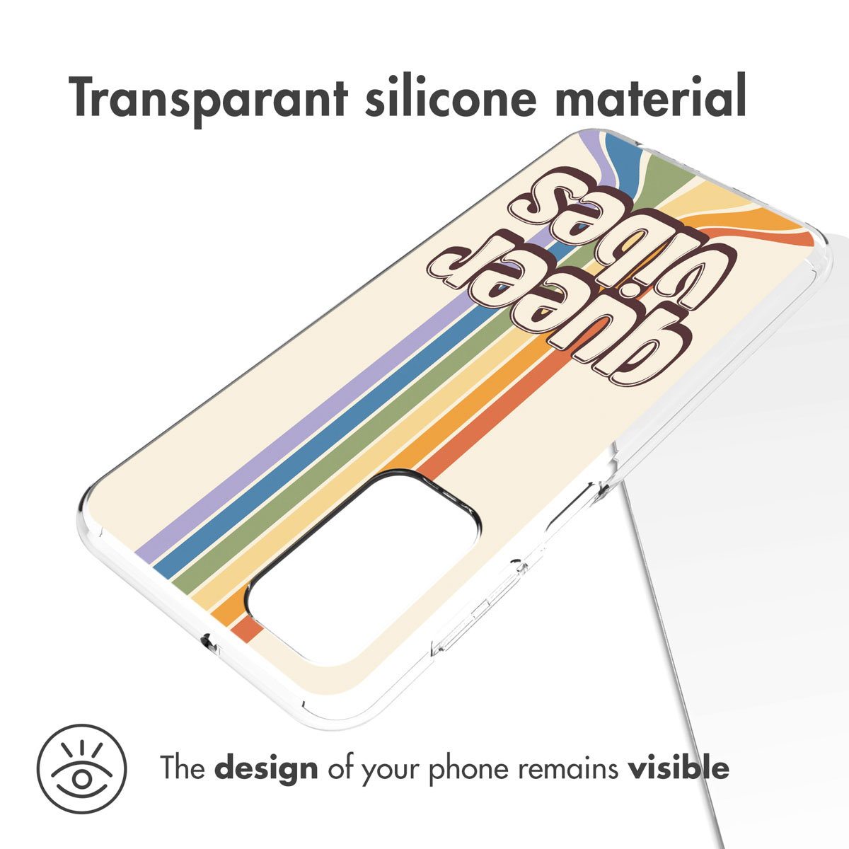 Coque transparente avec rayures arc-en-ciel et texte 'Queer Vibes'. Texte : Matériau en silicone transparent.