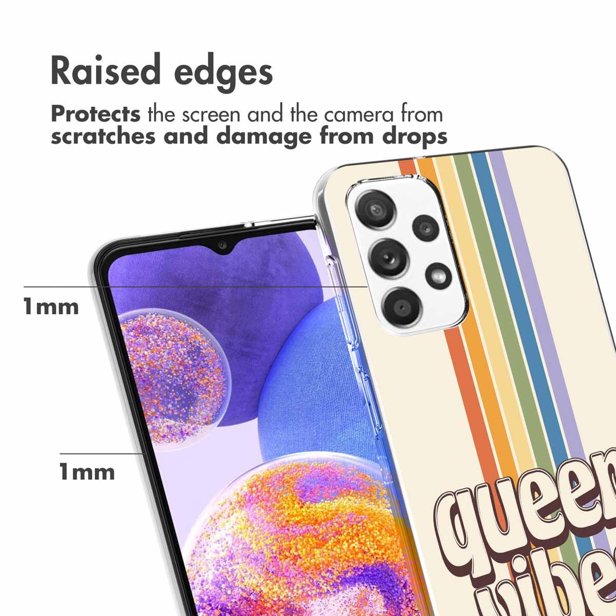 Téléphone avec une coque au design coloré. Le texte mentionne la protection contre les rayures et les dommages causés par les chutes.