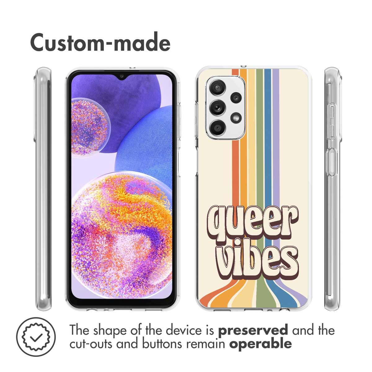 Téléphone avec côtés et étui. Texte : Fabriqué sur mesure. Ambiance queer avec rayures arc-en-ciel. Forme préservée.