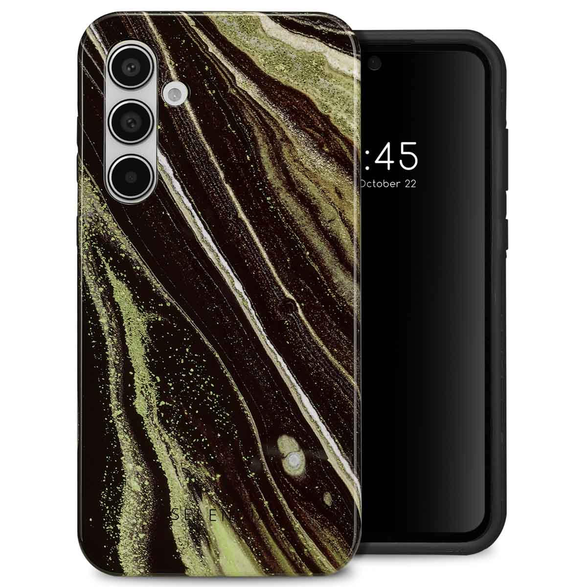 Telefoonhoesje met marmer ontwerp, telefoonscherm zichtbaar. Hoesje heeft camera-uitsparingen.