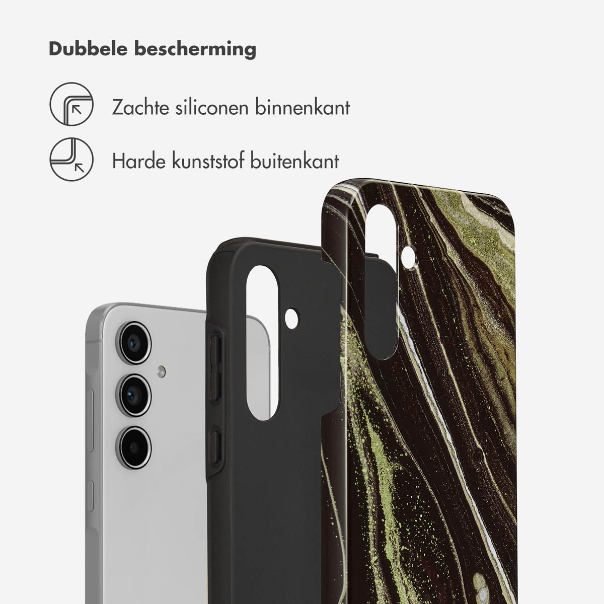 Telefoonhoesje met zwarte telefoon erin en een zwart-groen marmerontwerp erop.