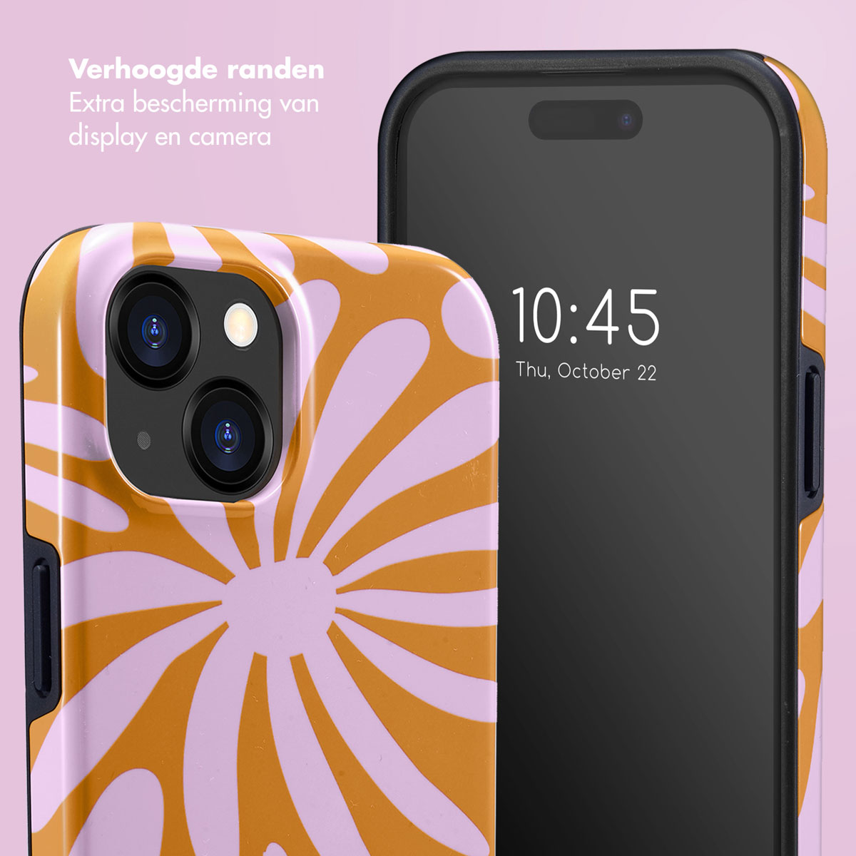 Téléphone avec une coque à motifs floraux aux couleurs orange et rose. Affichage de l'heure et de la date.