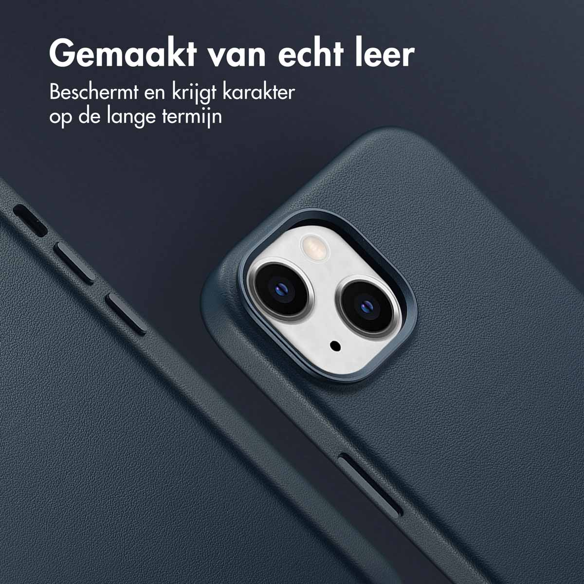 Donkerblauwe telefoonhoes. Close-up van de telefoonhoes met de randen.