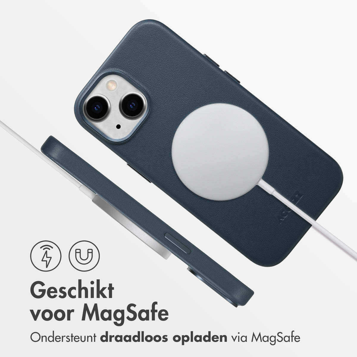 Telefoon met MagSafe-oplader. Tekst: Geschikt voor MagSafe. Ondersteunt draadloos opladen.