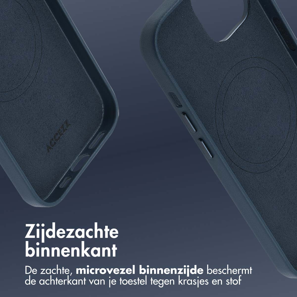 Donkerblauwe telefoonhoes, binnenkant. Tekst zegt dat zachte microvezel binnenkant de achterkant beschermt.