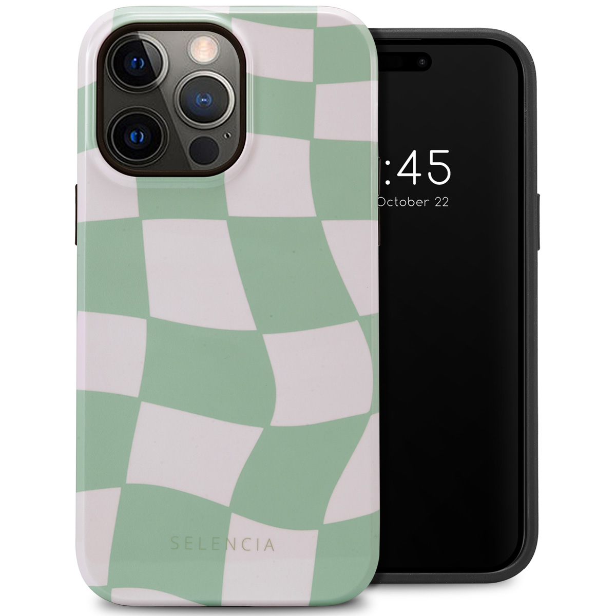 Telefoonhoesje met groen en wit geruit patroon en telefoon.