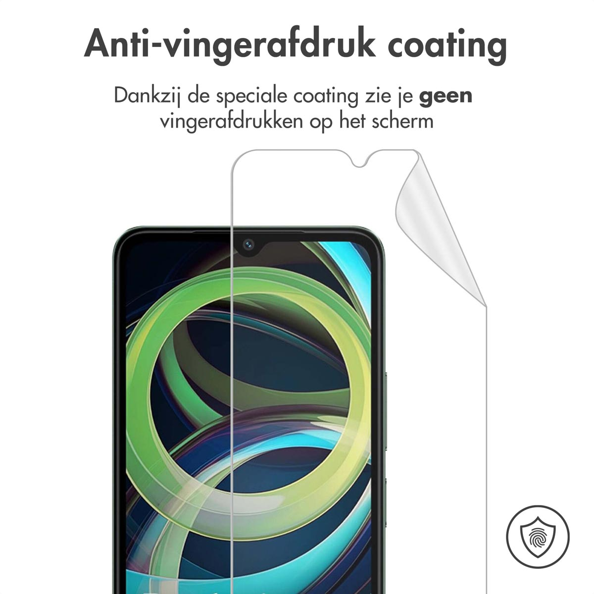 Telefoonschermbeschermer met vingerafdrukbestendigheid. Het telefoonscherm is zichtbaar.