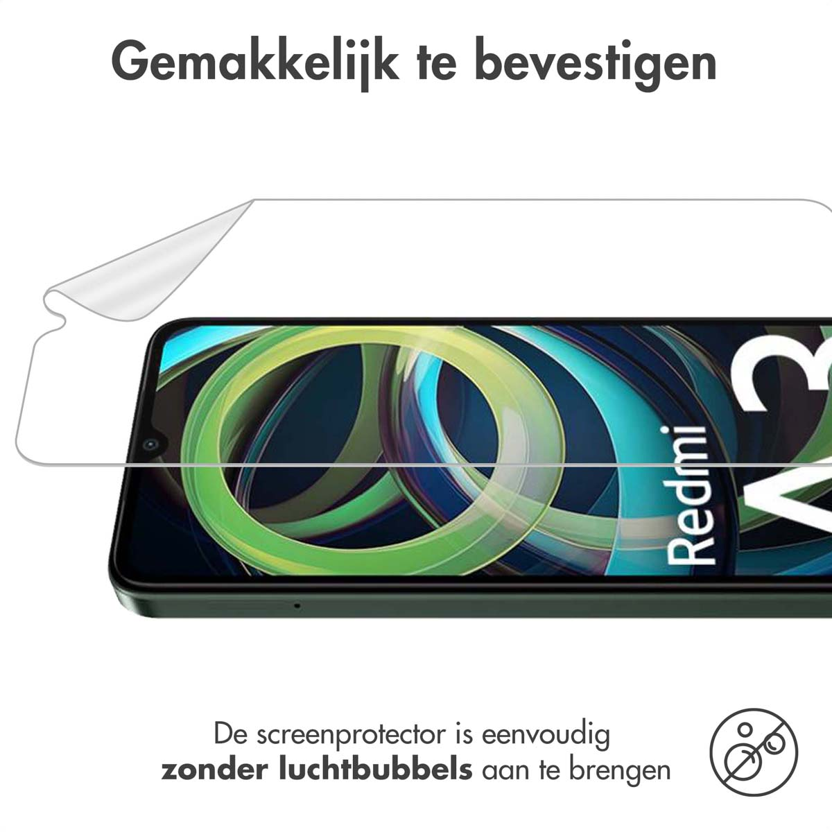 Screenprotector wordt aangebracht. De beschermer is transparant. De telefoon heeft een groen design.