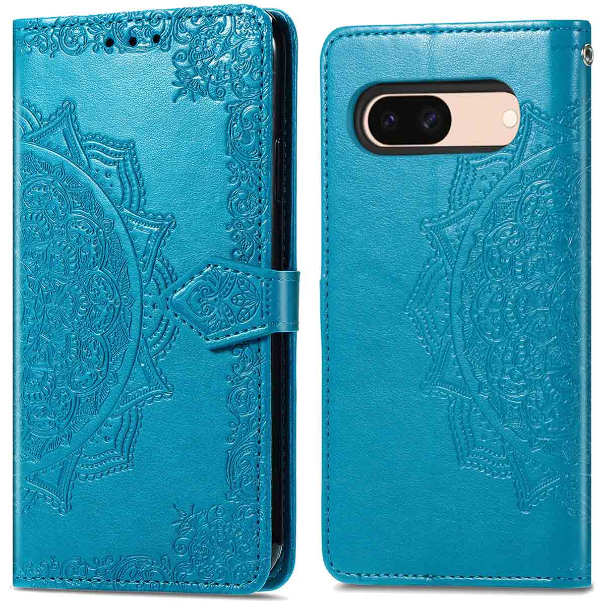 Blauw telefoonhoesje met een mandala-ontwerp. Het is een portemonnee-stijl, met een sluiting.