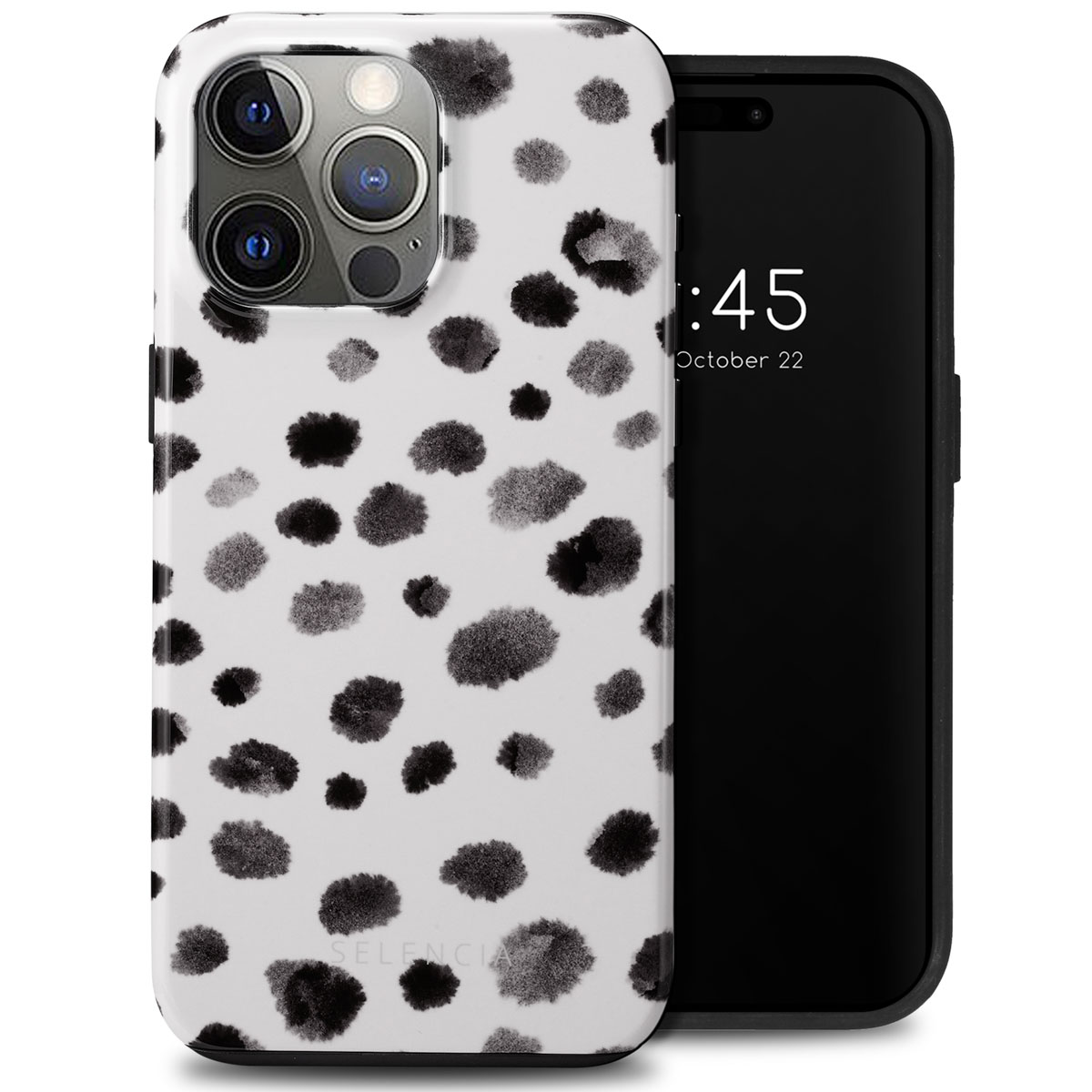Coque de téléphone à pois noirs et blancs, téléphone noir avec affichage de l'heure.