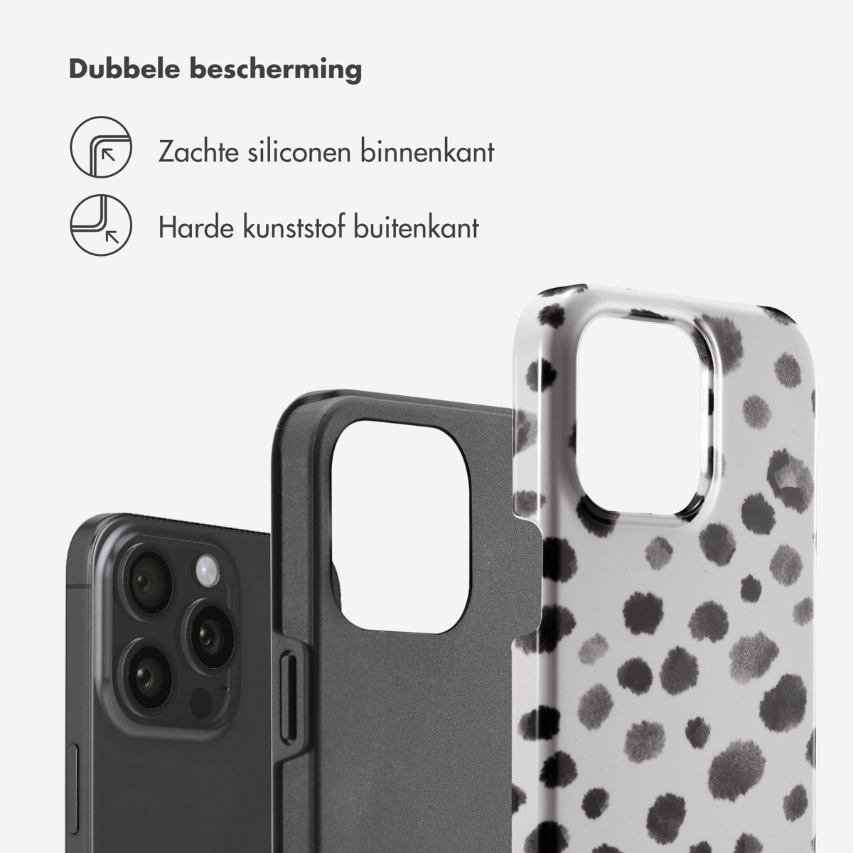 Téléphone avec coque à pois noirs et blancs et téléphone noir. Texte sur la double protection.