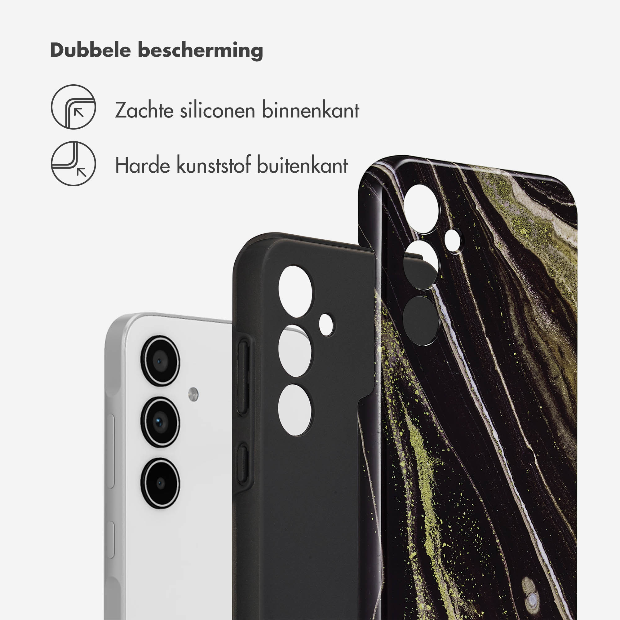 Trois coques de téléphone, une sur un téléphone. Noir, blanc et un motif marbré.