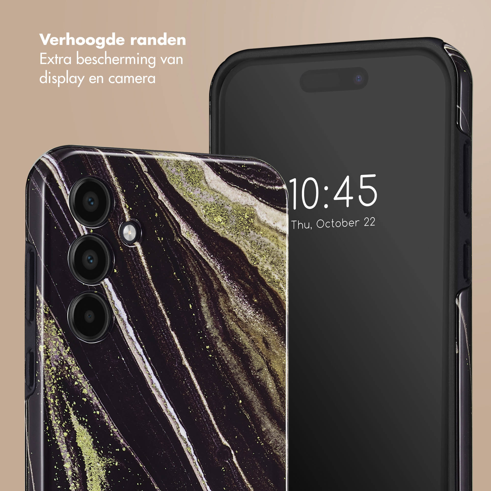 Coque de téléphone avec design marbre noir, avec un téléphone. Le téléphone affiche l'heure et la date.