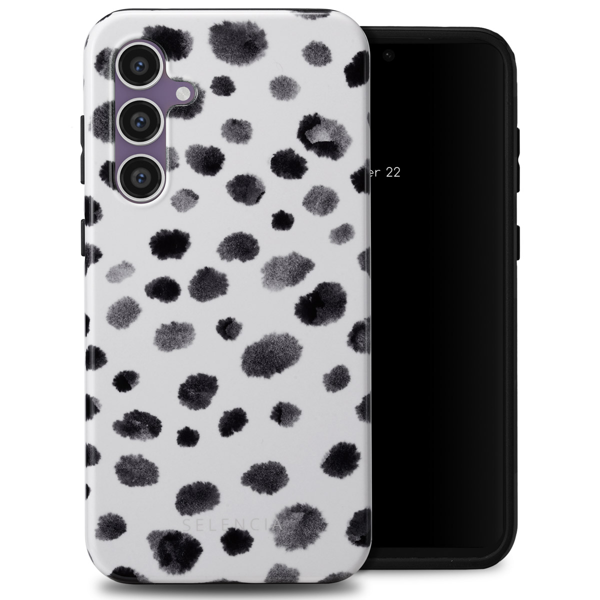 Coque de téléphone blanche avec un motif de points noirs. Le téléphone est à côté d'un écran de téléphone.