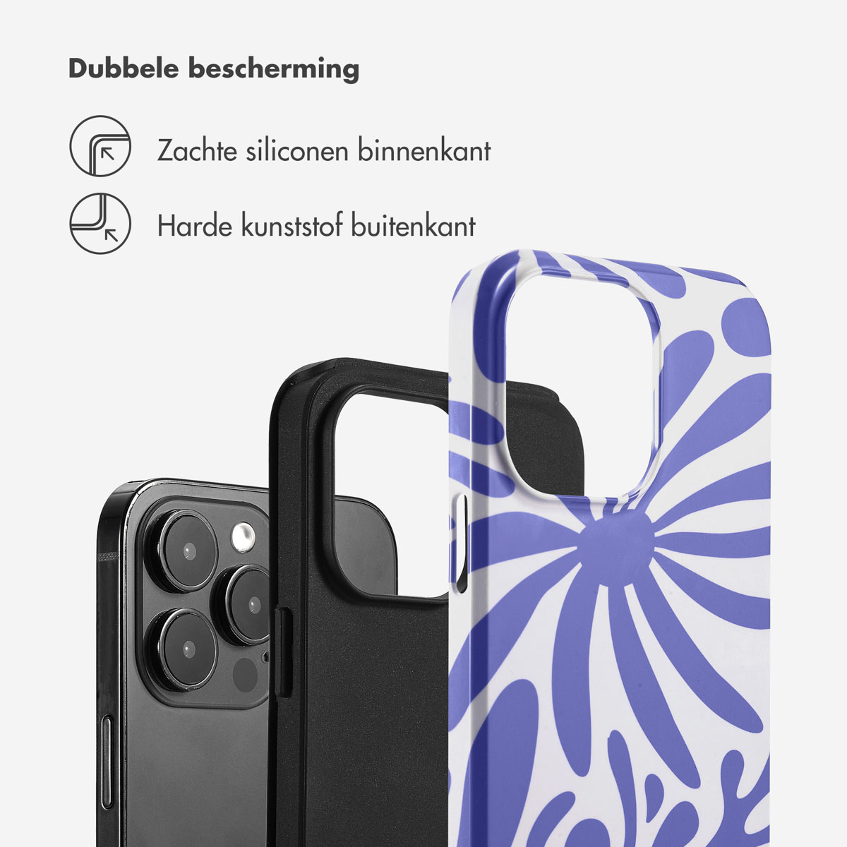 Telefoonhoesje met witte achtergrond, blauw bloemdesign en zwarte telefoon erin.
