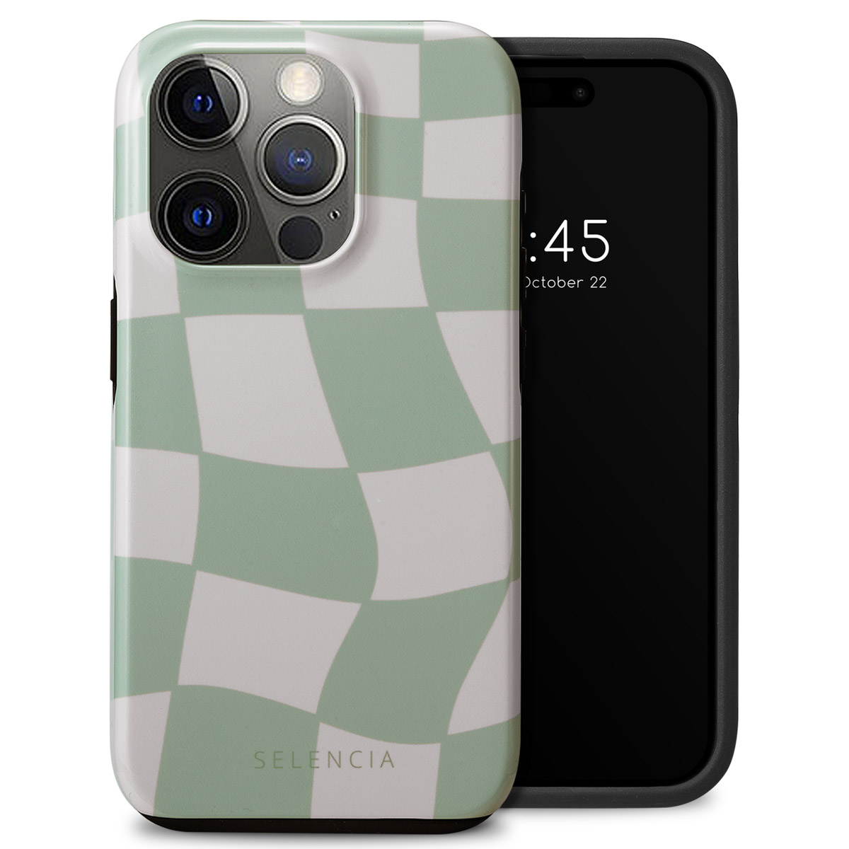 Téléphone dans une coque à carreaux verts et blancs. La coque couvre l'arrière et les côtés du téléphone.