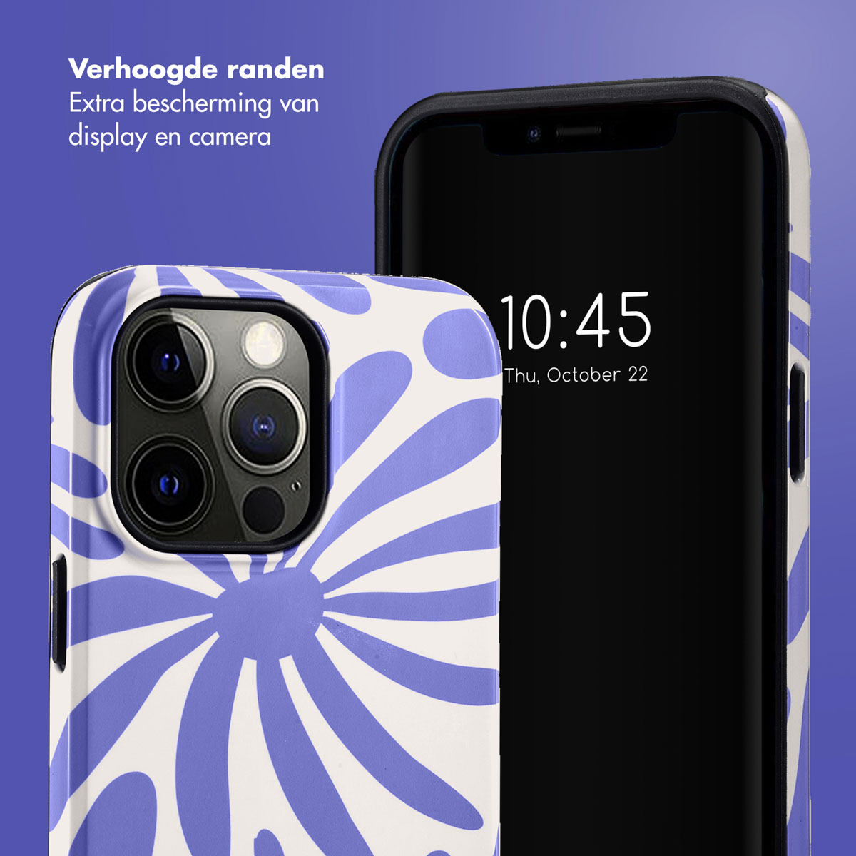 Een telefoon in een hoesje met bloemenontwerp staat naast een telefoon met het scherm aan. De hoes heeft opstaande randen.