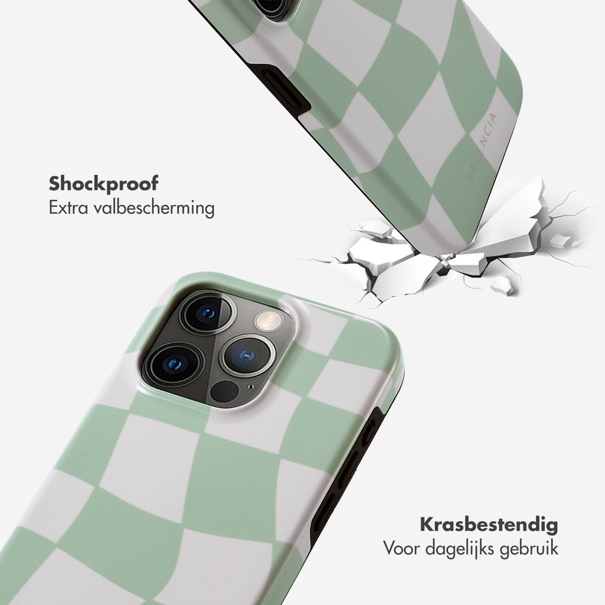 Coque de téléphone en l'air, avec un motif vert et blanc. Texte : Antichoc, résistant aux rayures.